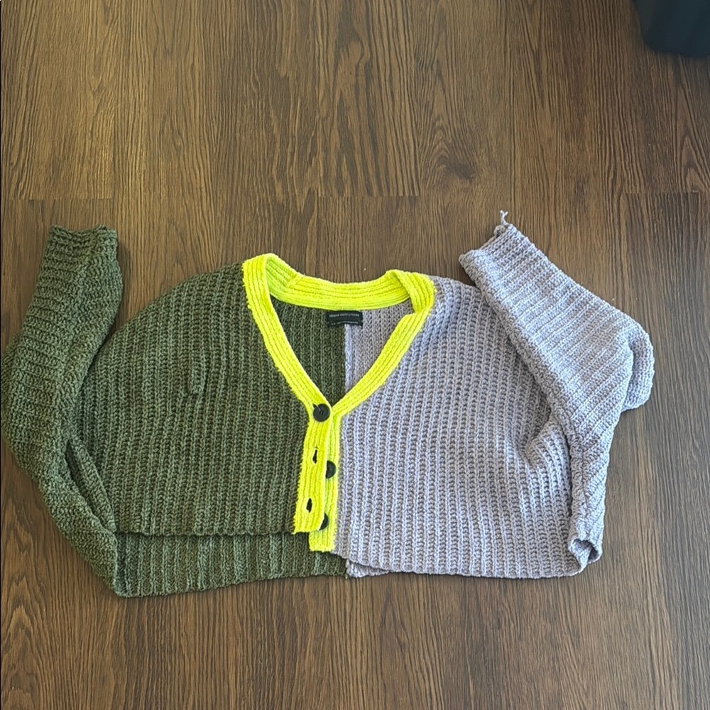Urban Outfitters Two-Tone Cardigan - Green and Gray with Yellow Trim